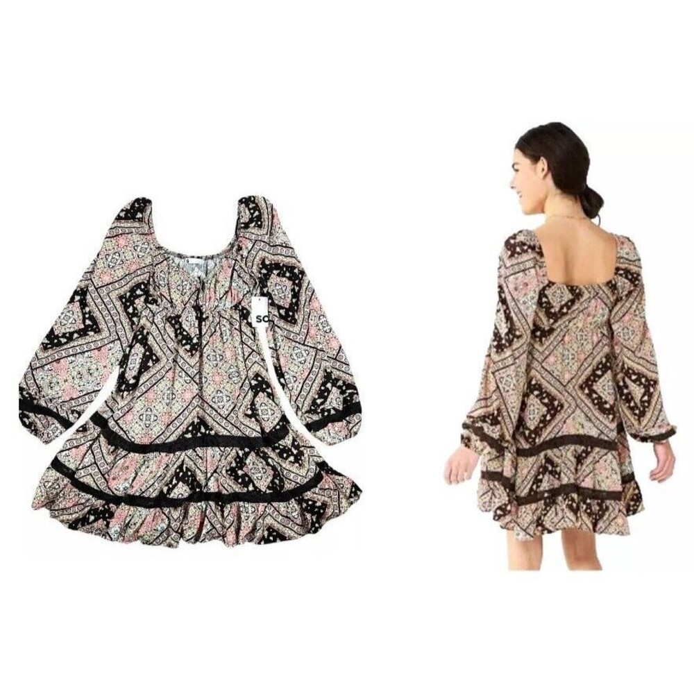 So Brown-Multi Tiered Long Sleeve Milkmaid Peasant Babydoll Dress Size M NWT
